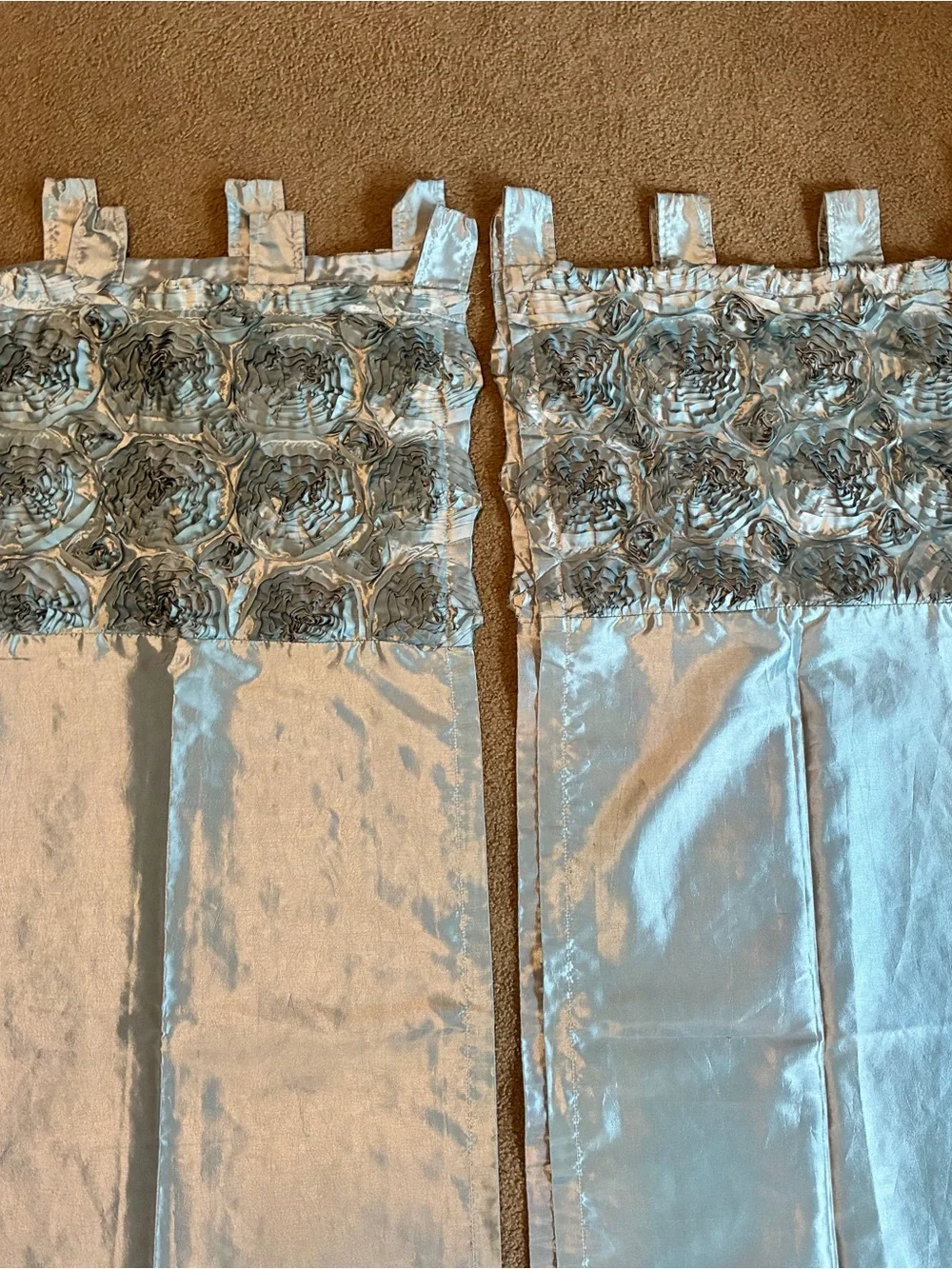 Set Of Two Teal Metallic Blue Silky Satin Curtain Panels 80x40 Inches Floral Top